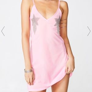 Pink slip dress, star studded mini dress